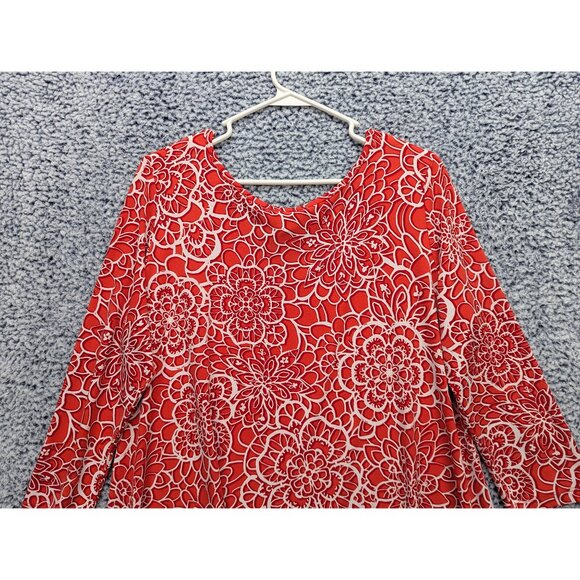 Clara Sun Woo Sharkbite Hem Tunic Top Size LG Floral Lightweight Boho USA Red - Picture 5 of 10